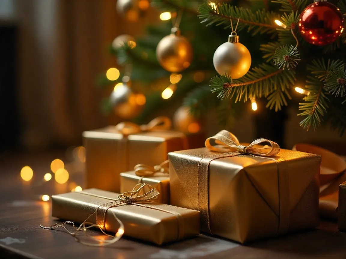 Decoración navideña elegante con árbol iluminado y ornamentos dorados