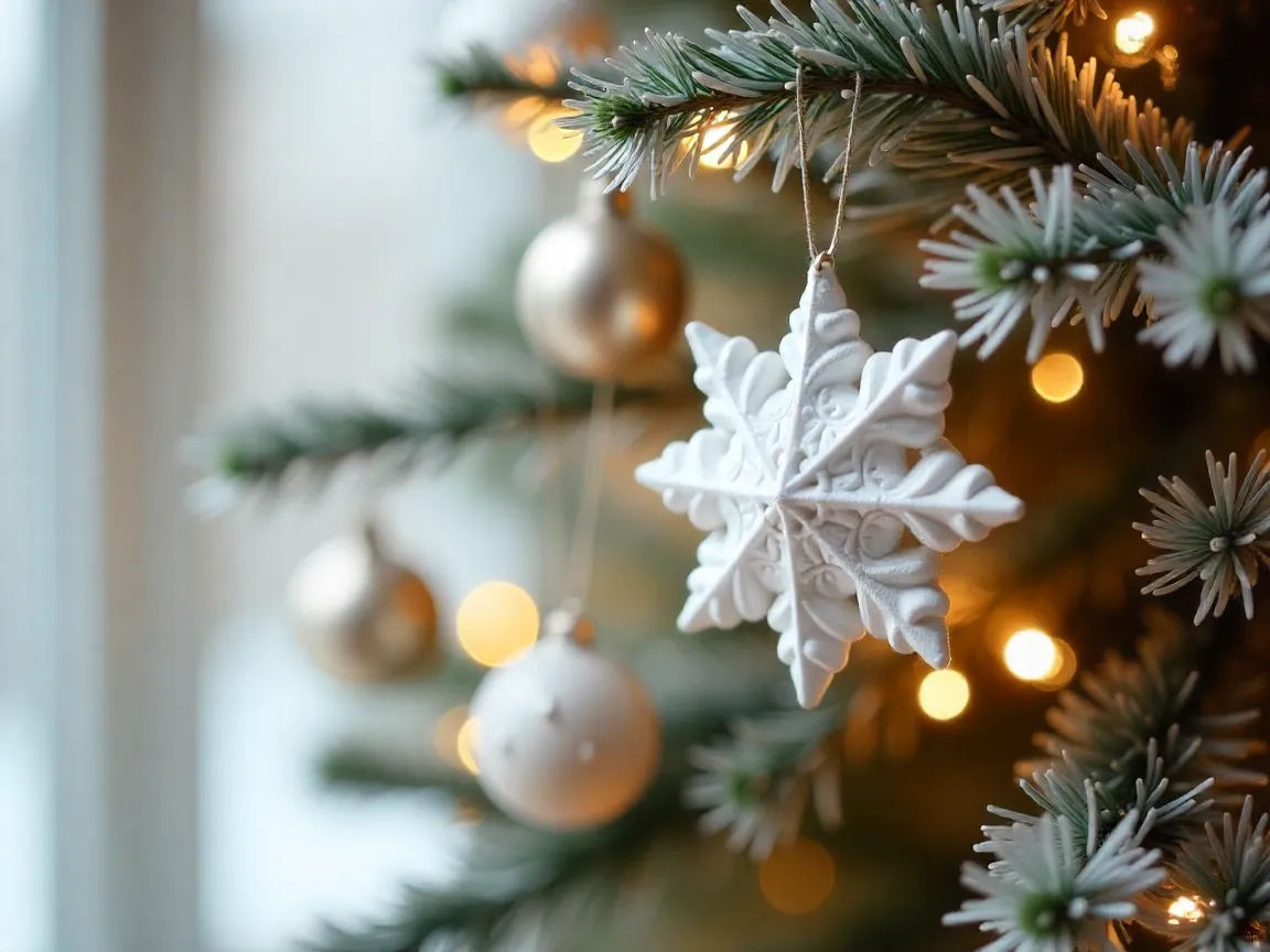 Decoración navideña moderna con elementos blancos y plateados minimalistas